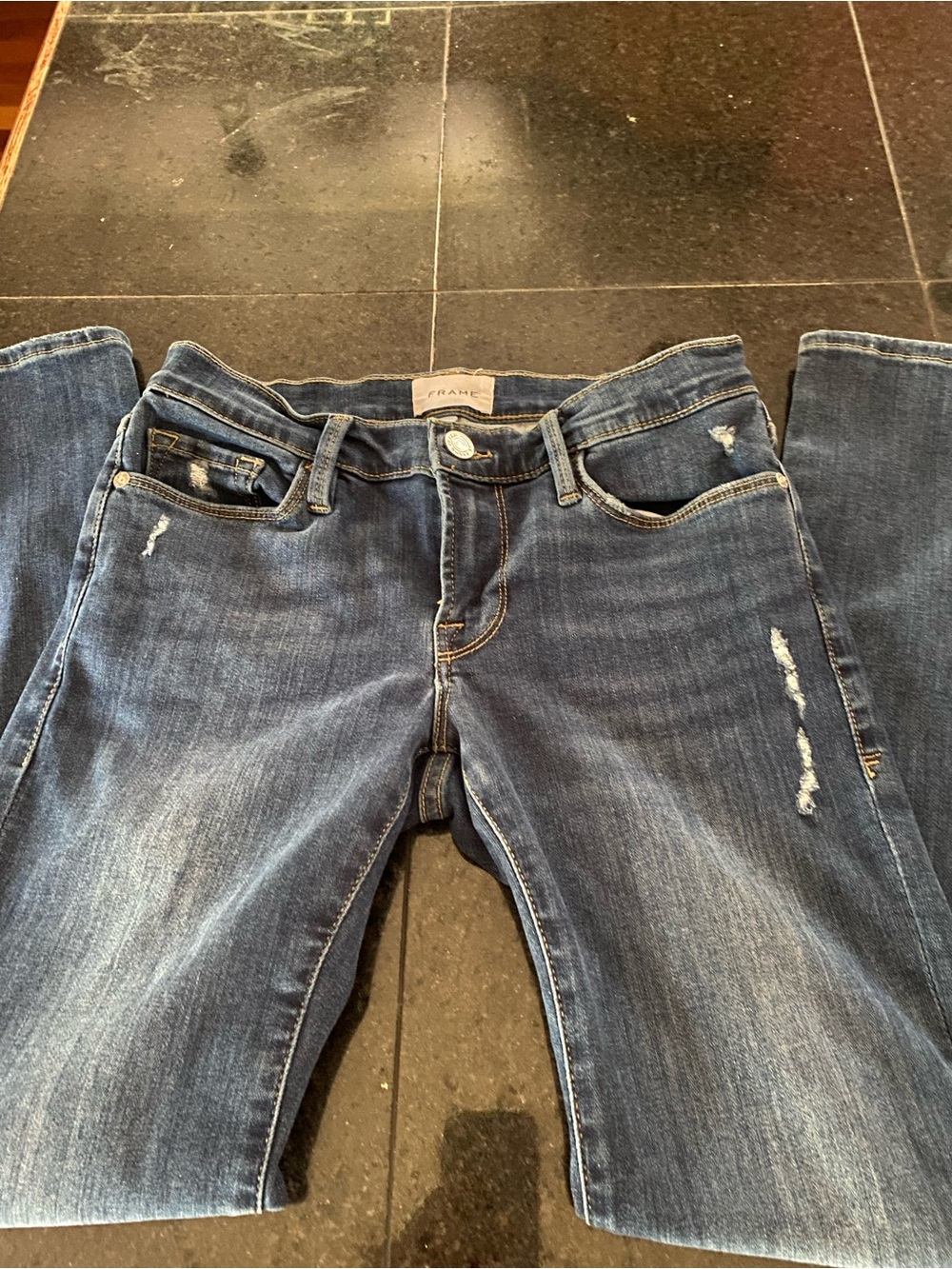 Frame Denim Straight Leg Mid Rise Jeans in Distressed Medium Blue